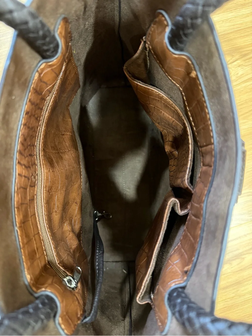 Croc-Embossed Brown Leather Tote with Black Braided Handles